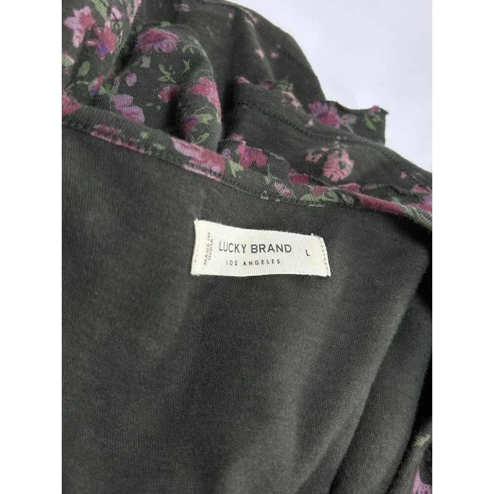 LUCKY BRAND Babydoll Top Sz L Black Pink Floral Textured Smock VNeck 100% Cotton - Picture 11 of 14